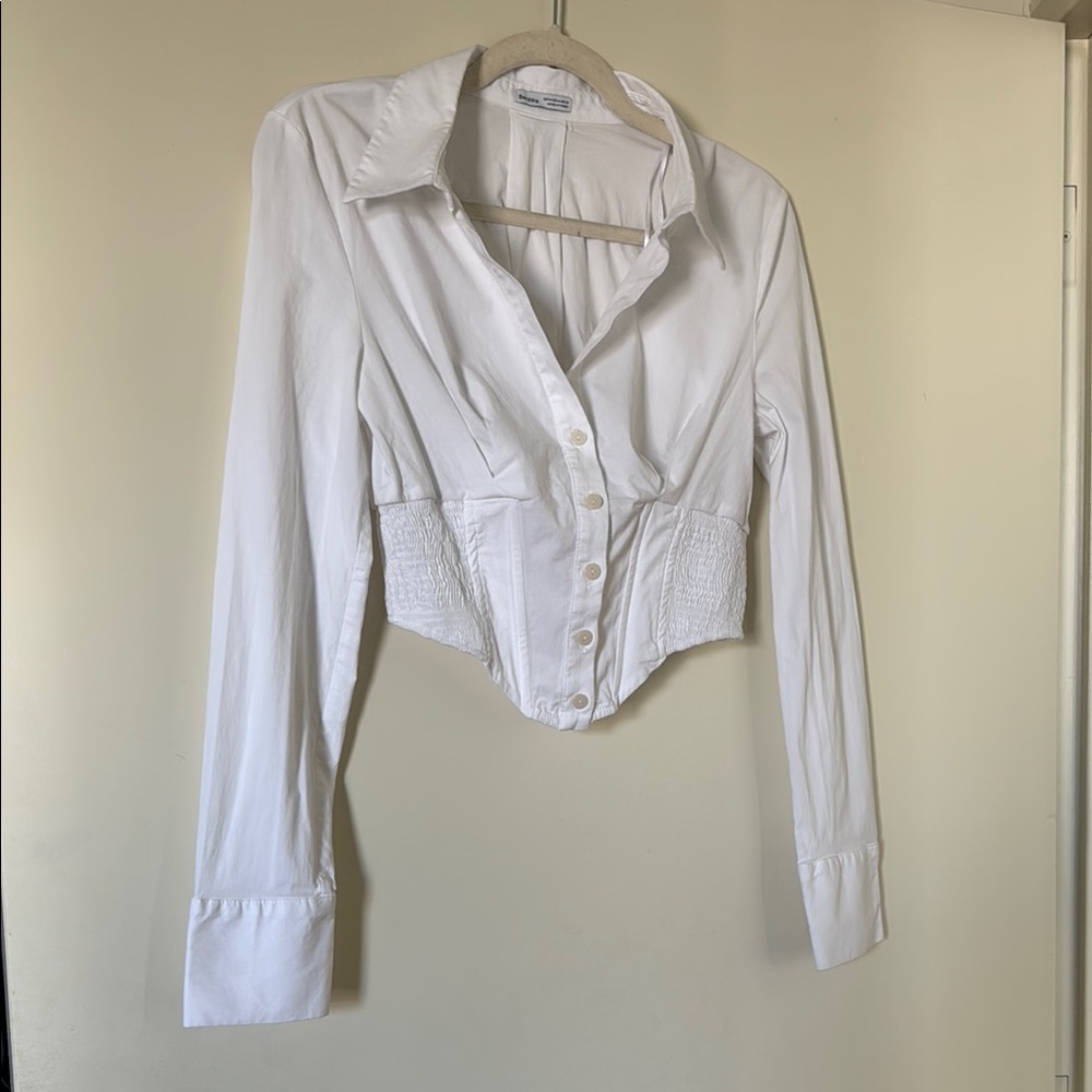 White corset cropped fitted button down shirt